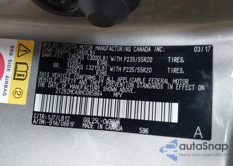 2017 Lexus Rx 350 z USA, uszkodzony, nr VIN 2T2BZMCA9HC085864